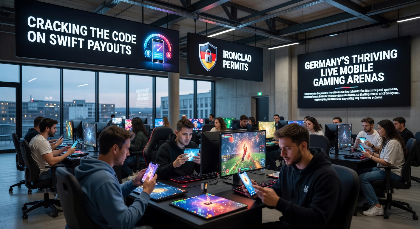 Live-Mobile-Gaming-Szene mit Dealer und Spielern auf Smartphones in Deutschland, beleuchtet durch dynamische Lichter und sichere Transaktionssymbole