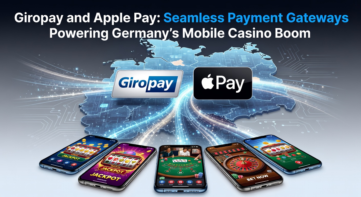 Smartphone mit Giropay- und Apple-Pay-Integration in einem Mobile-Casino-App, umgeben von grafischen Elementen wie sicheren Transaktionssymbolen und deutschen Banklogos