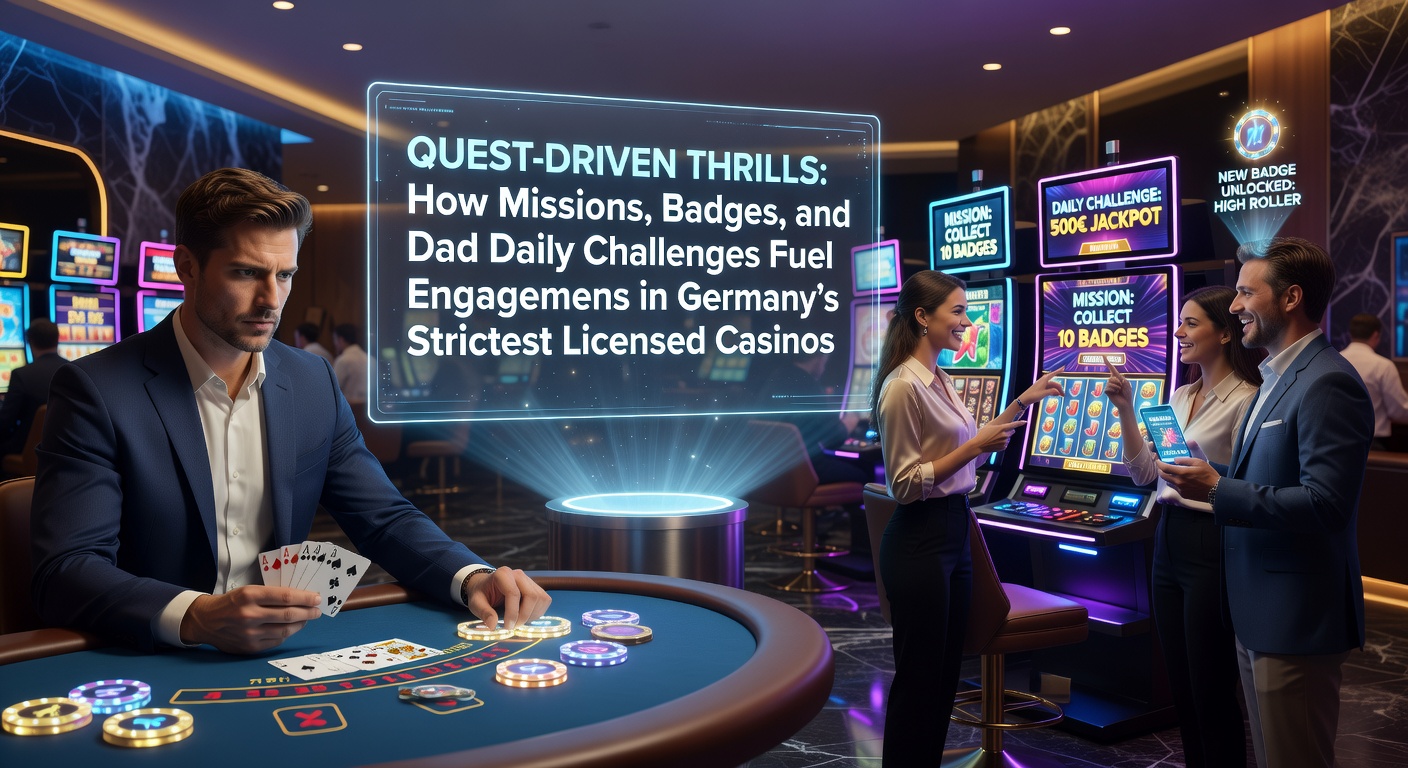 Spieler-App mit Quest-Missionen und Badges in einem lizenzierten deutschen Casino, die Engagement visualisieren