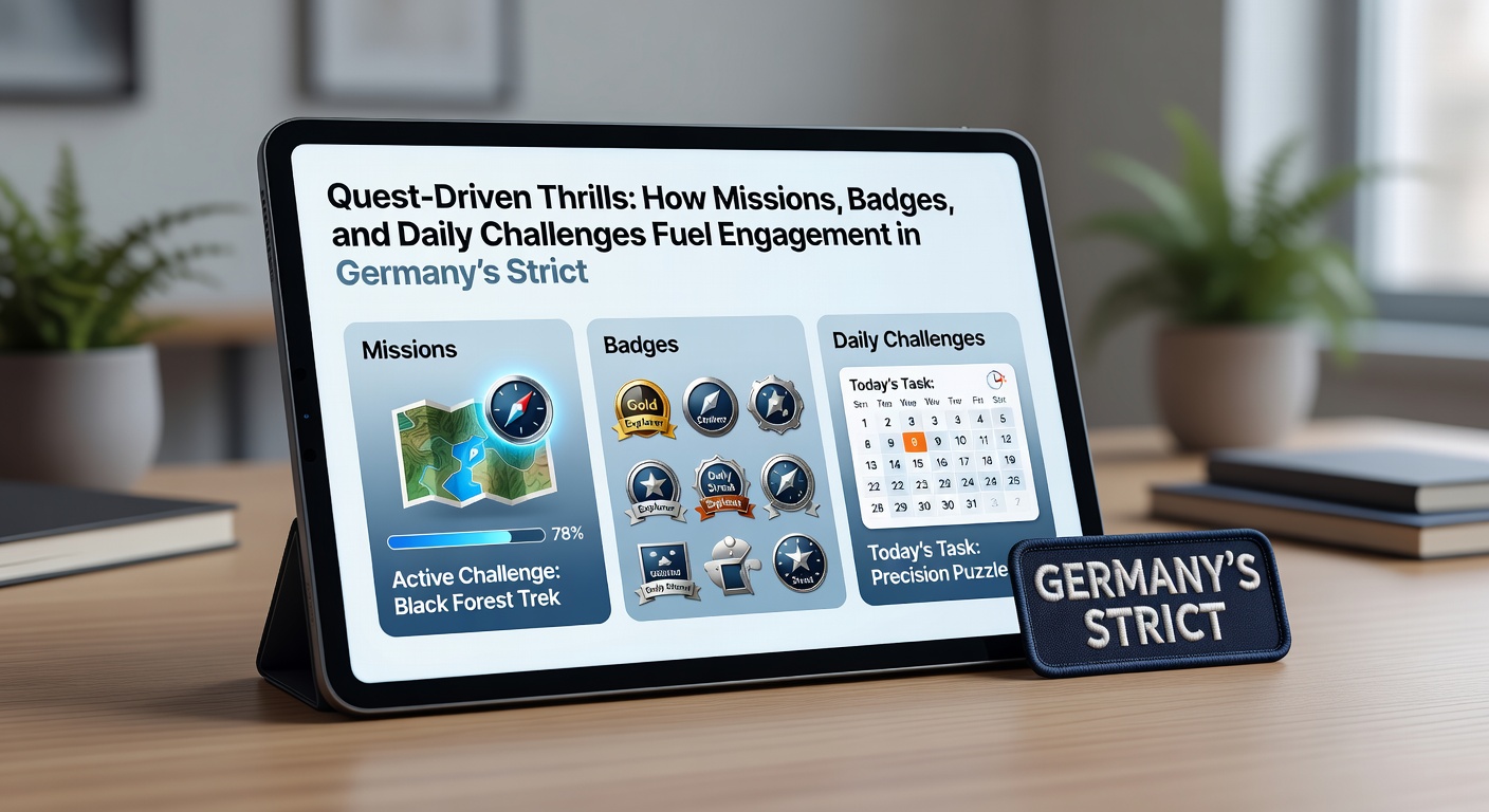 Detailansicht einer Casino-App mit täglichen Challenges, Badges-Sammlung und Quest-Fortschritt in einem deutschen Lizenz-Casino